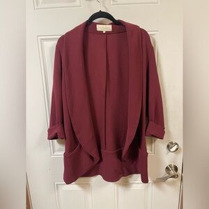 French Mauve Blazer - Open Front Quarter Sleeve Blazer Red Roll Sleeve Pockets